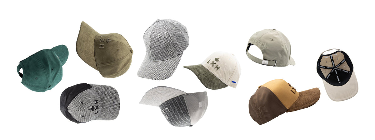 Casquettes et bérets LXH de la collection automne hiver 2025, laine, velours côtelé et tweed en vert, gris, écru et marron.