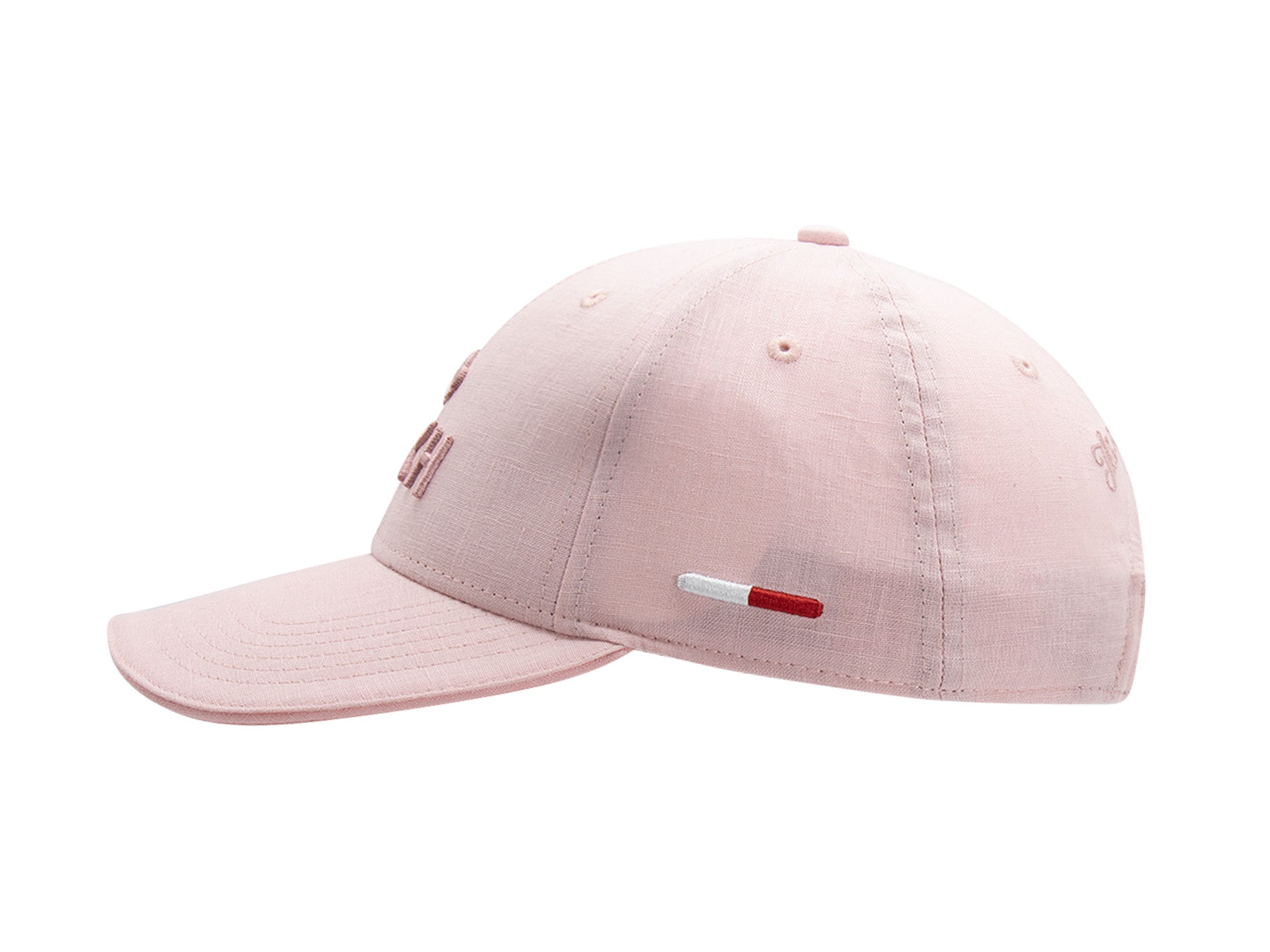 Casquette LXH x Monaco GP lin rose poudré vue de profil, étiquette tricolore et broderie ton sur ton