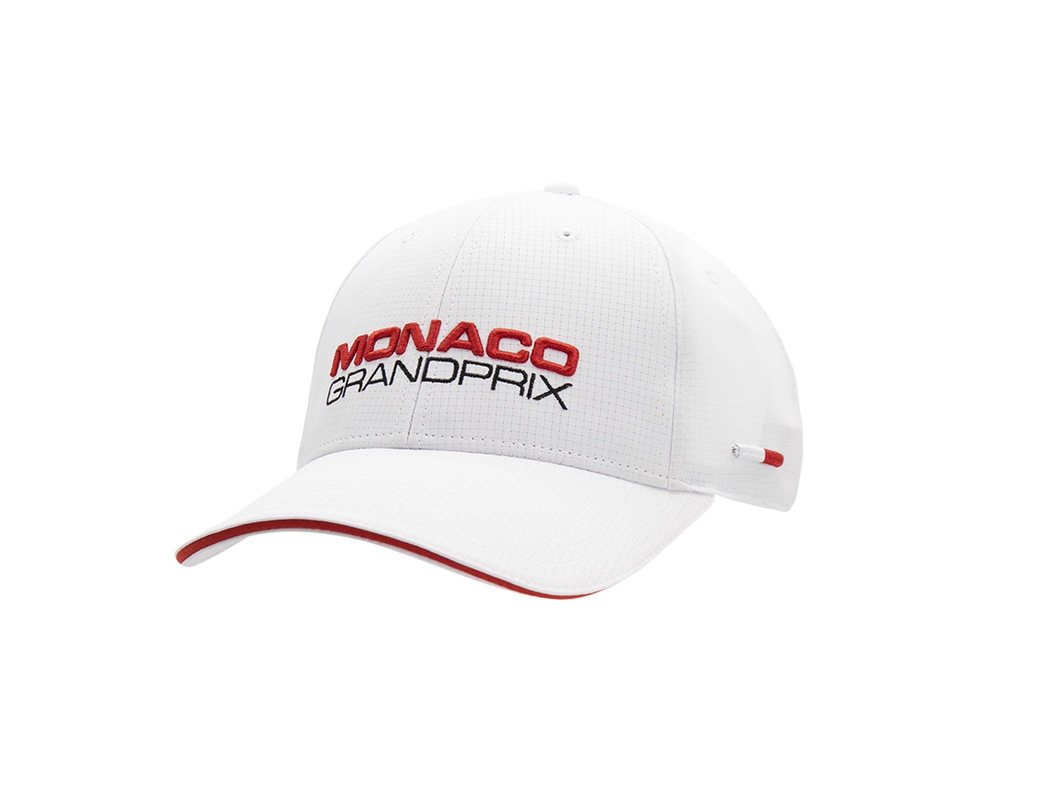 Casquette LXH x MONACO GRAND PRIX nylon sport blanc, broderie MONACO rouge et GRANDPRIX noir, sandwich rouge sur la visière