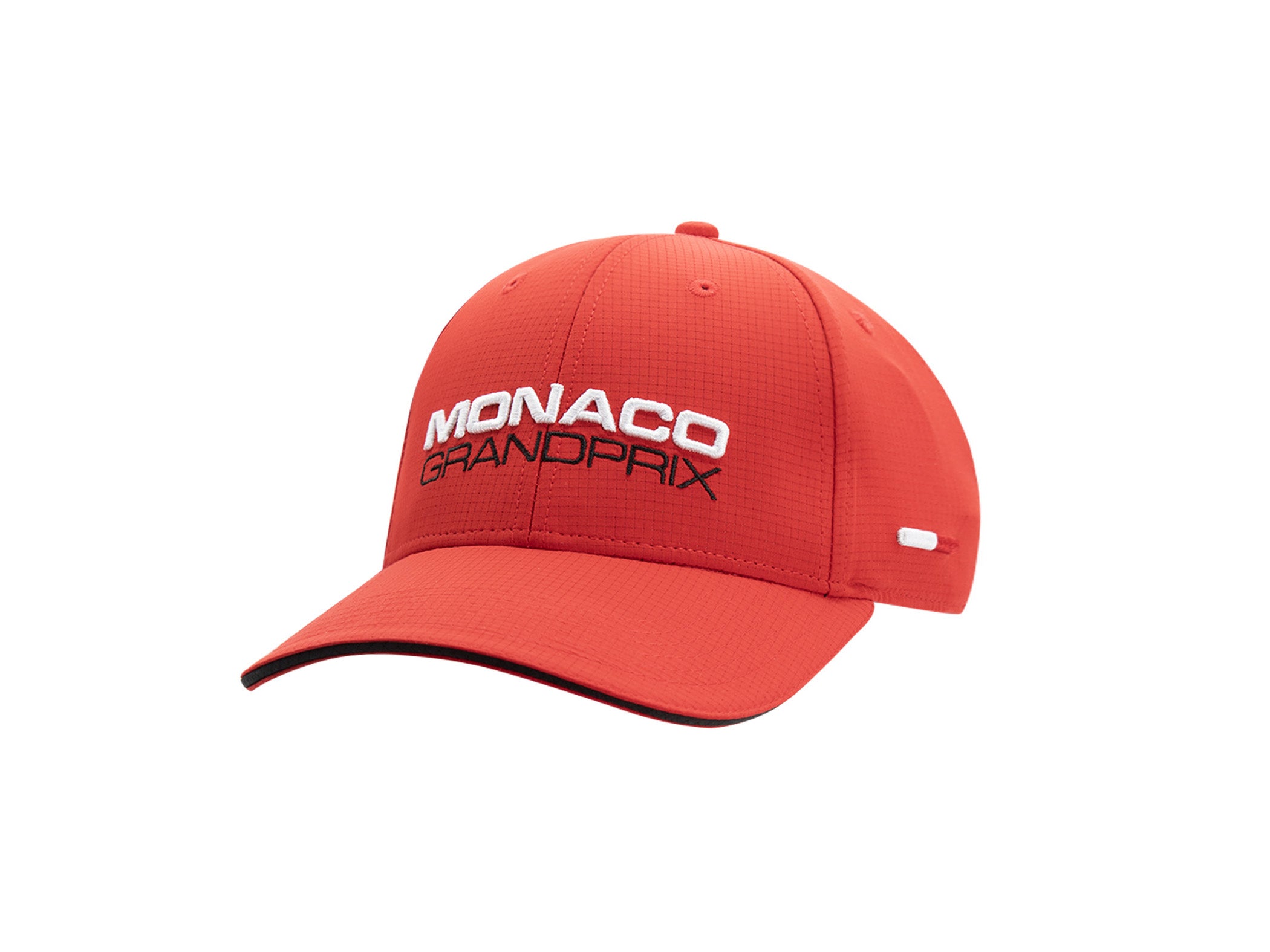 Casquette LXH x MONACO GRAND PRIX nylon sport rouge, broderie MONACO blanc et GRANDPRIX noir, sandwich noir sur la visière