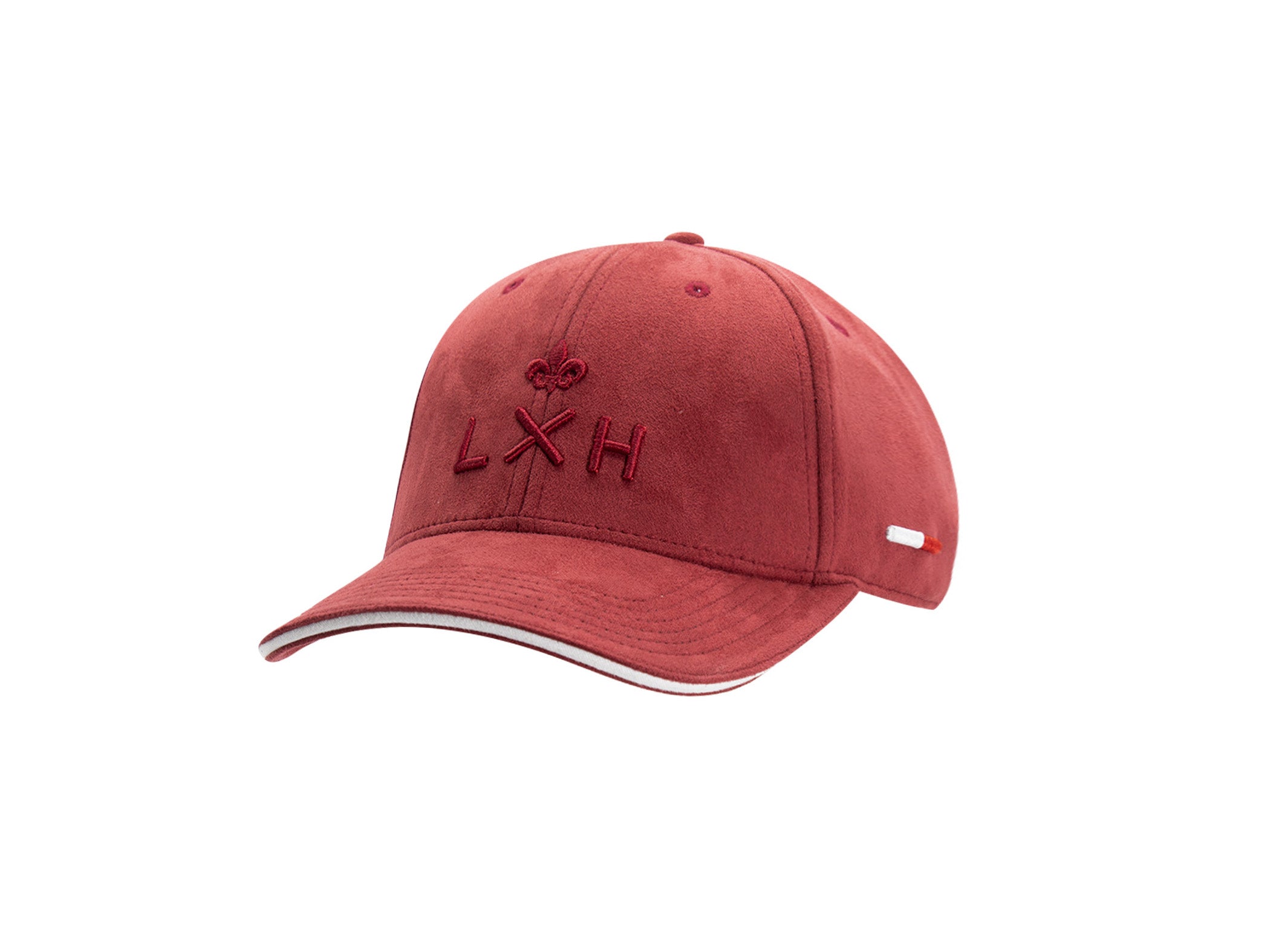 Casquette LXH x Monaco GP suédine bordeaux face, logo LXH et fleur de lys brodés ton sur ton, liseré blanc visière.