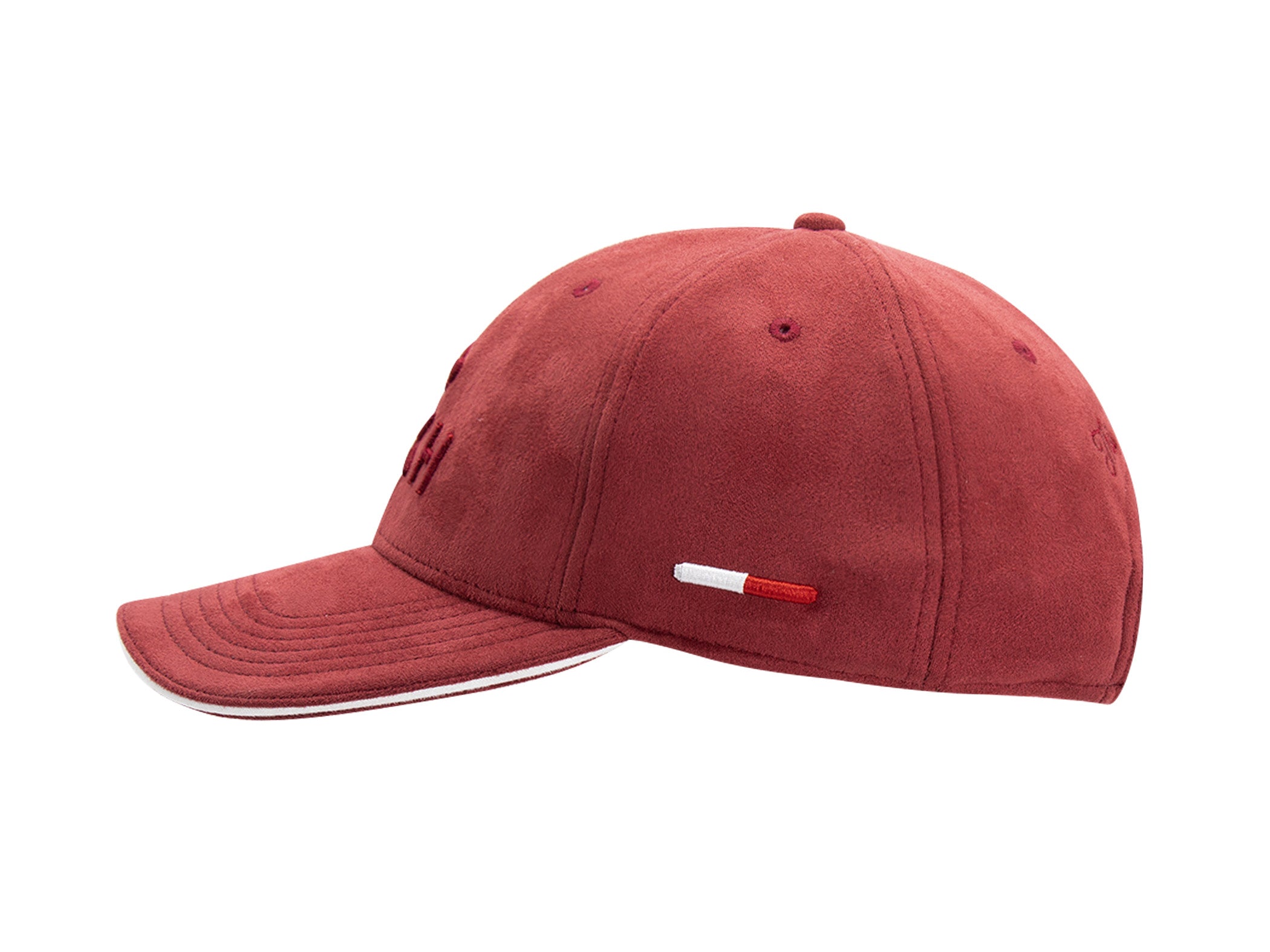 Casquette LXH x Monaco GP suédine bordeaux vue de profil, liseré blanc sur visière et étiquette tricolore