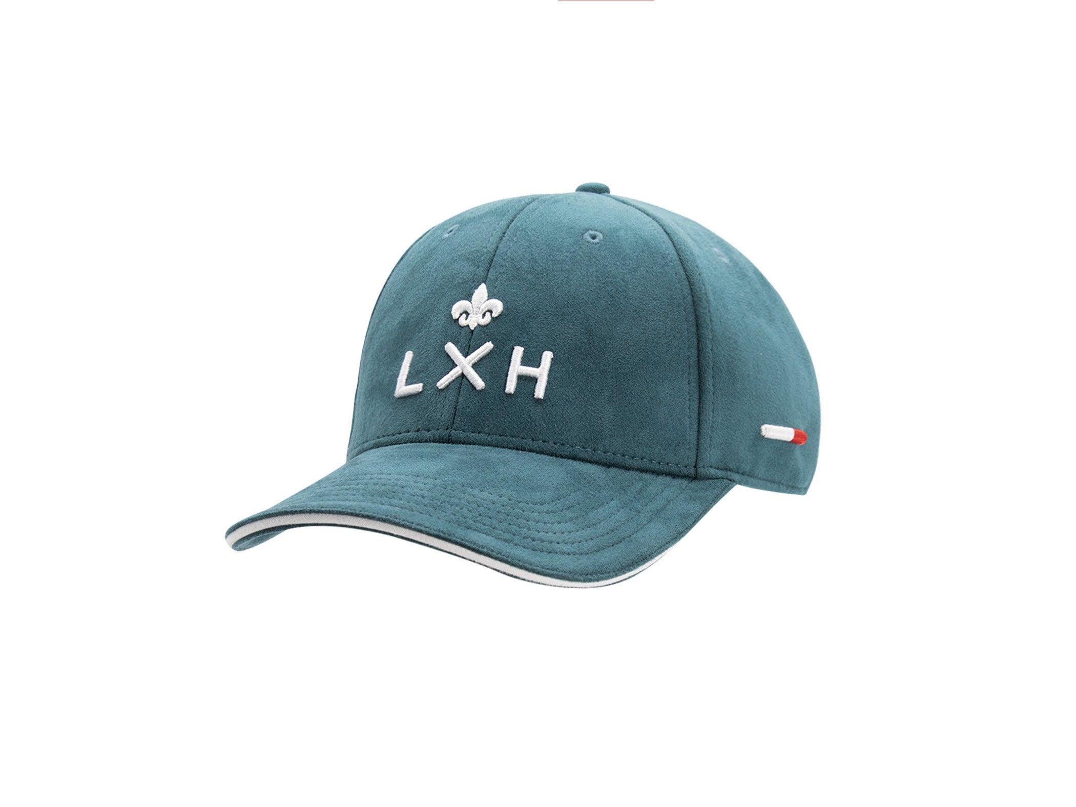 Casquette LXH x Monaco GP en suédine bleu canard vue de face, logo LXH et fleur de lys brodés blanc, liseré blanc sur visière