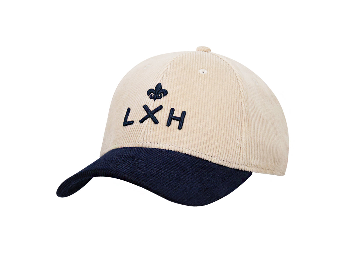 Casquette « Héritage » Velours Côtelé Bi-Color Beige / Bleu Marine avec logo LXH sur l'avant