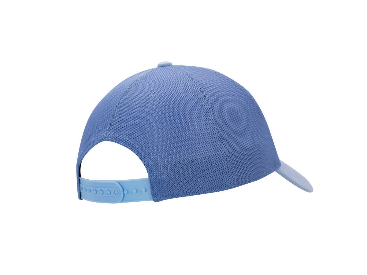 Dos casquette LXH Évasion bleu topaze, panneaux mesh ajourés bleu profond, snapback réglable bleu ciel assorti.