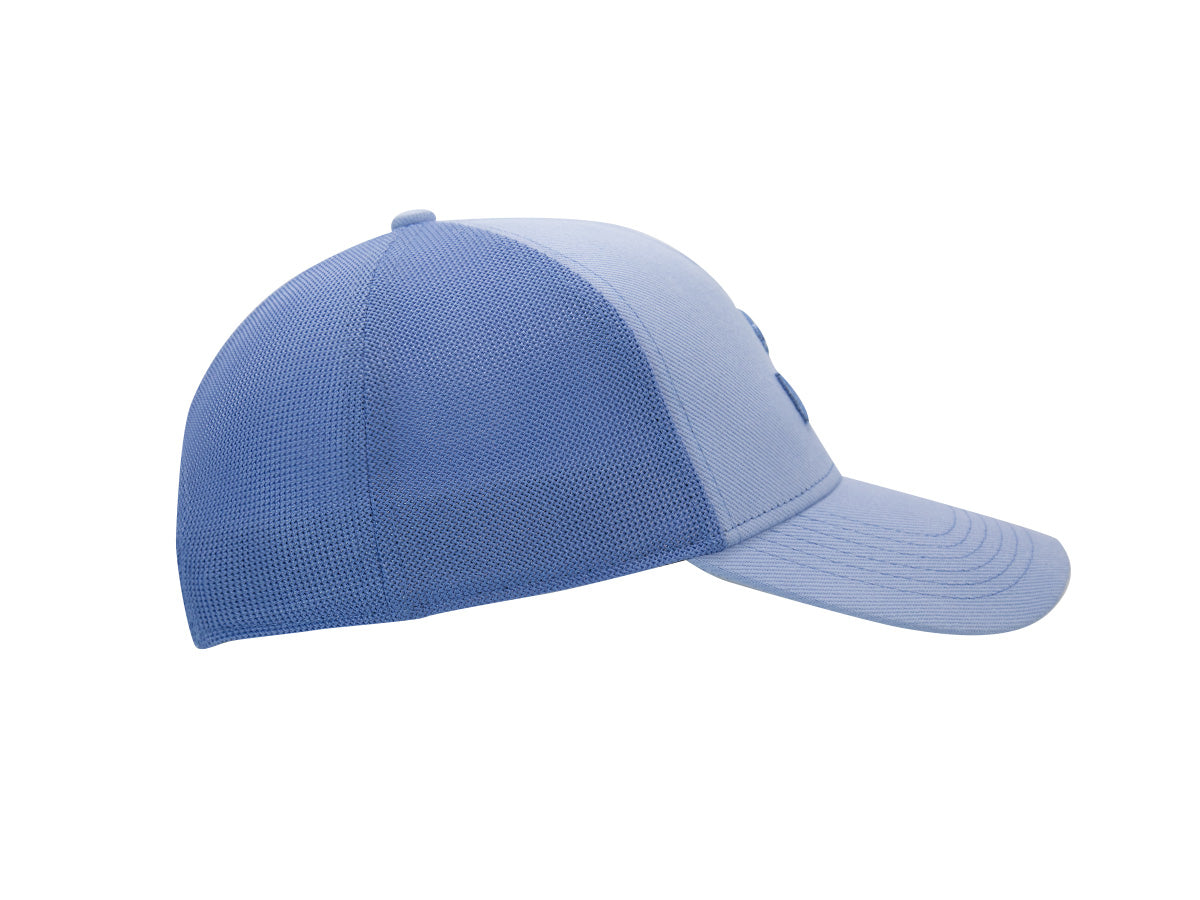 Profil droit casquette LXH Évasion Topaz, structure 5 panneaux bi-matière coton et mesh, visière préformée bleu ciel.