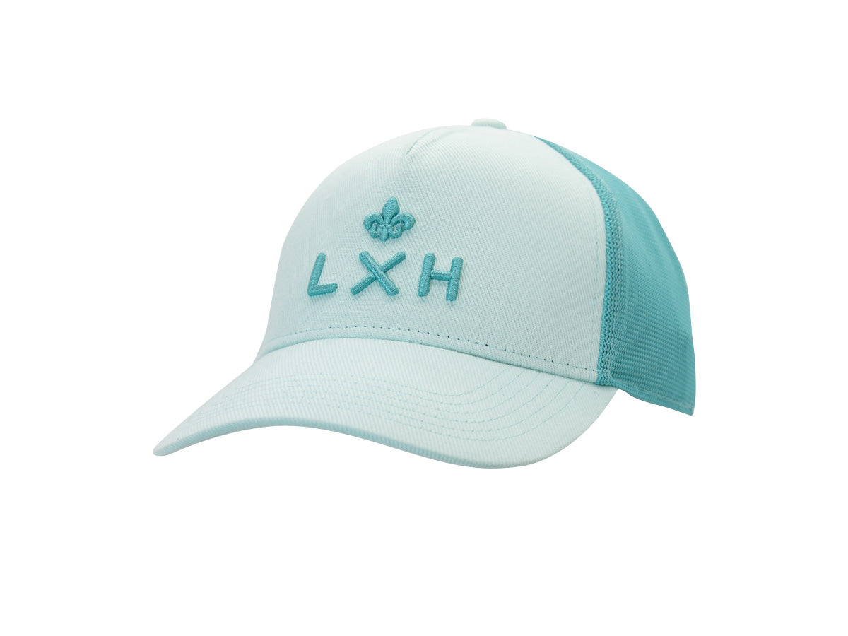 Casquette LXH Évasion bi-color 3/4 face, façade coton turquoise pâle, broderie 3D fleur de lys et LXH, mesh turquoise franc.