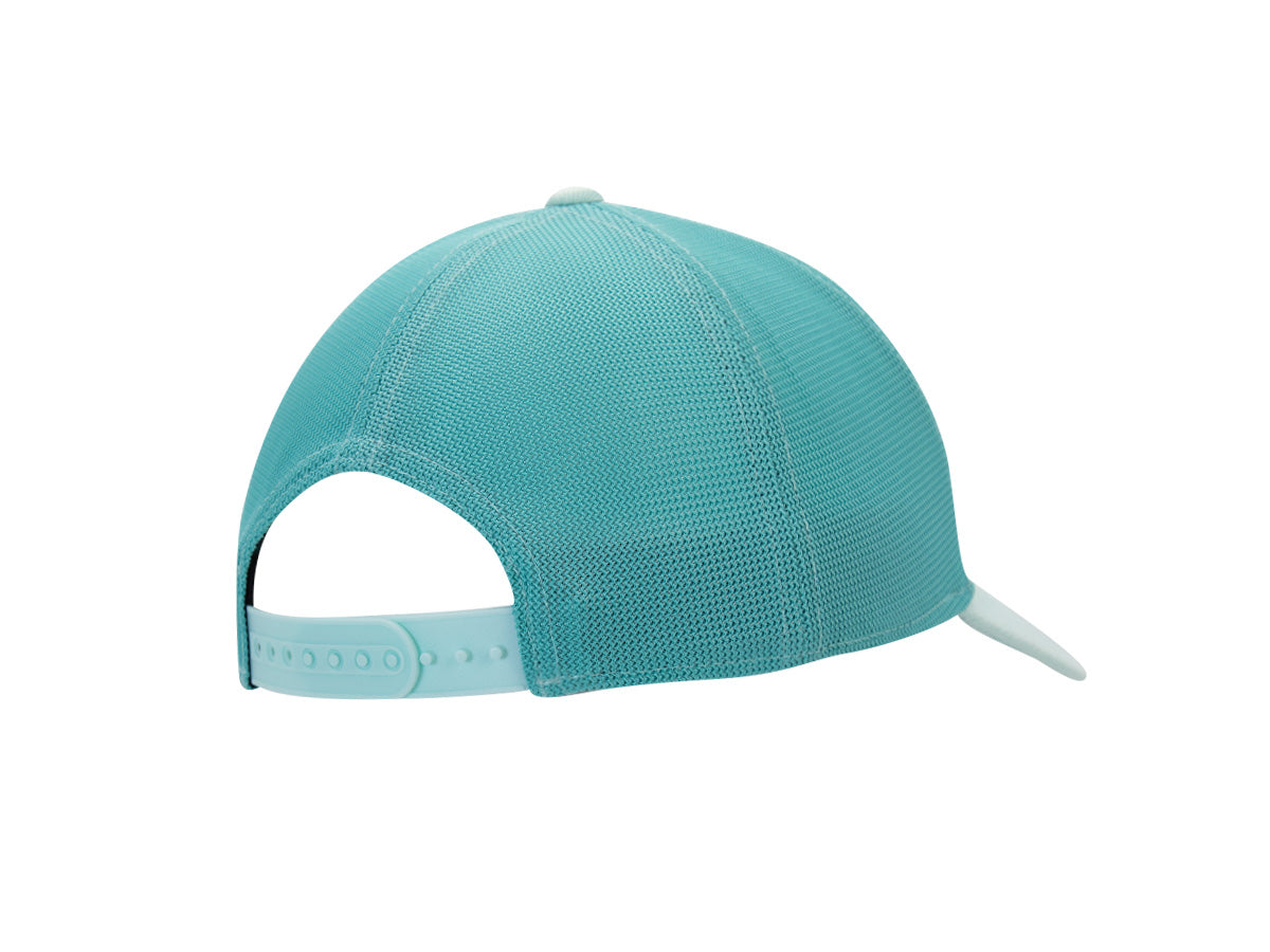 Dos casquette LXH Évasion turquoise, panneaux mesh turquoise franc, snapback réglable turquoise pâle, surpiqûres blanches.