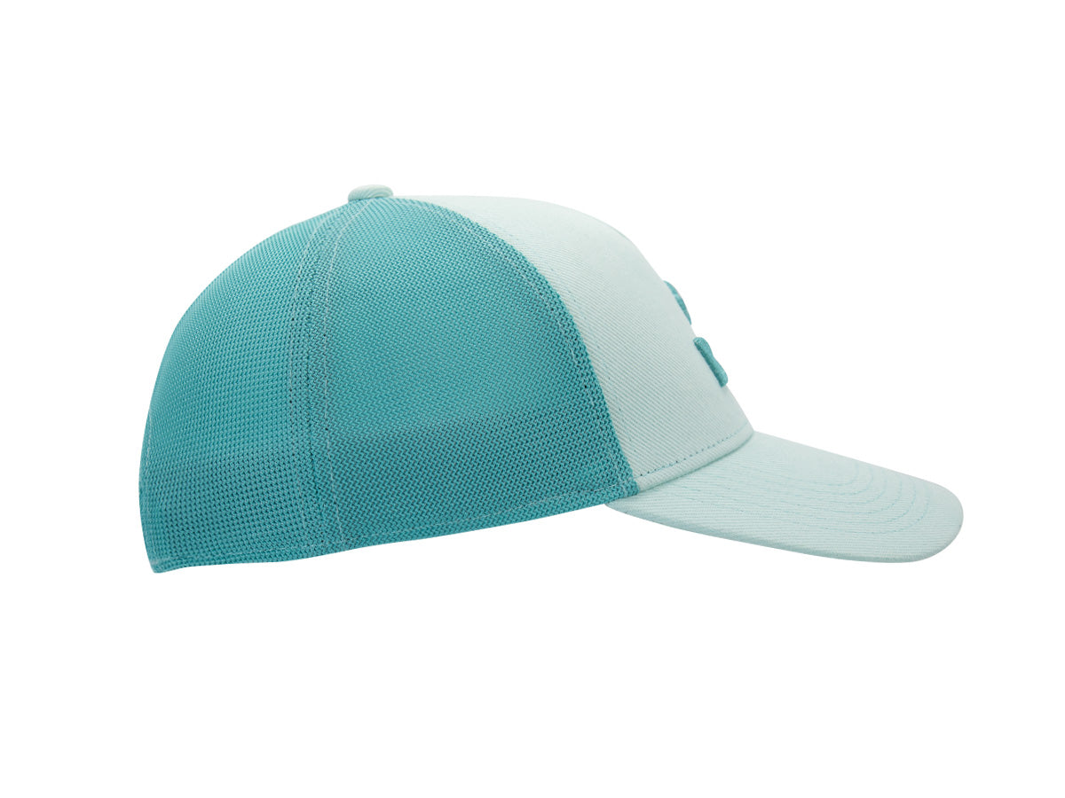Profil droit casquette LXH Évasion turquoise, mesh turquoise franc, façade et visière coton turquoise pâle surpiquées.