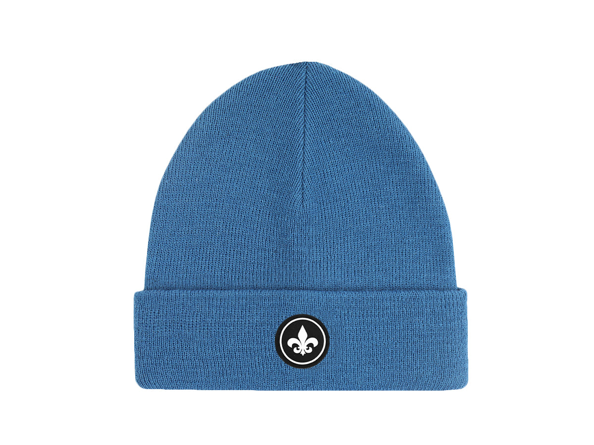 Bonnet Acrylique Orage LXH en bleu avec un logo de fleur de lys sur l'avant