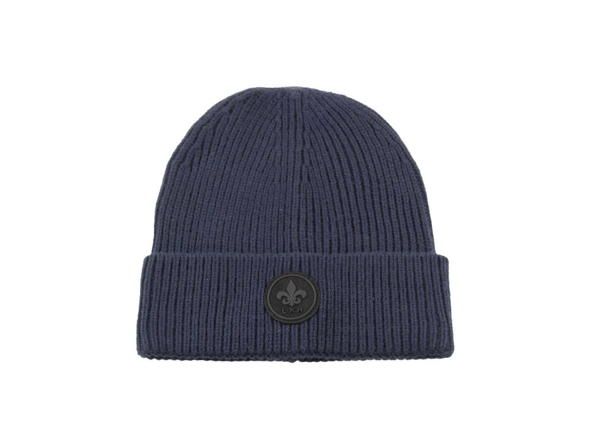Bonnet bleu marine homme en tricot avec logo en relief pour un style décontracté