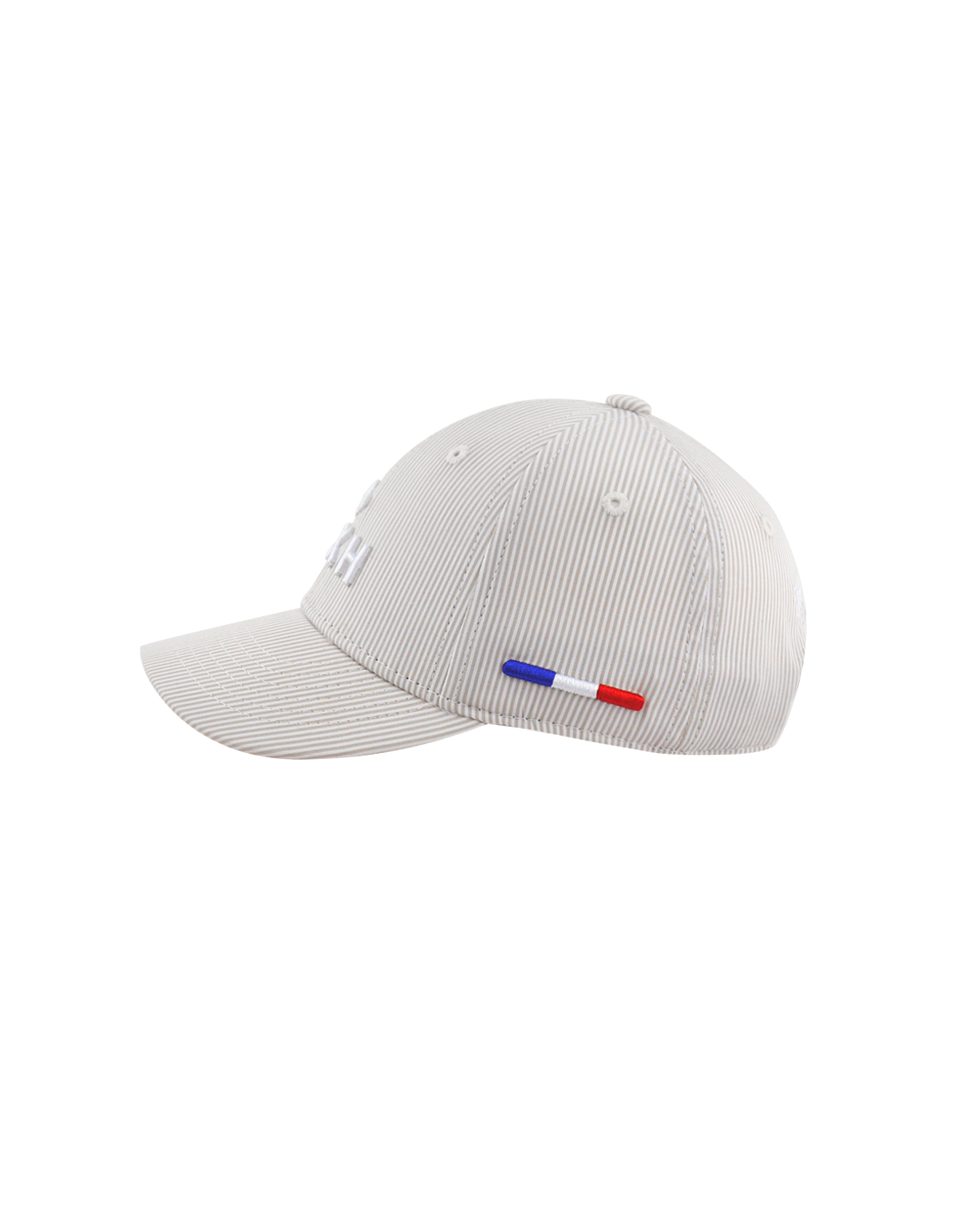 Casquette bébé rayée beige blanc de la marque LXH avec broderie et détail tricolore