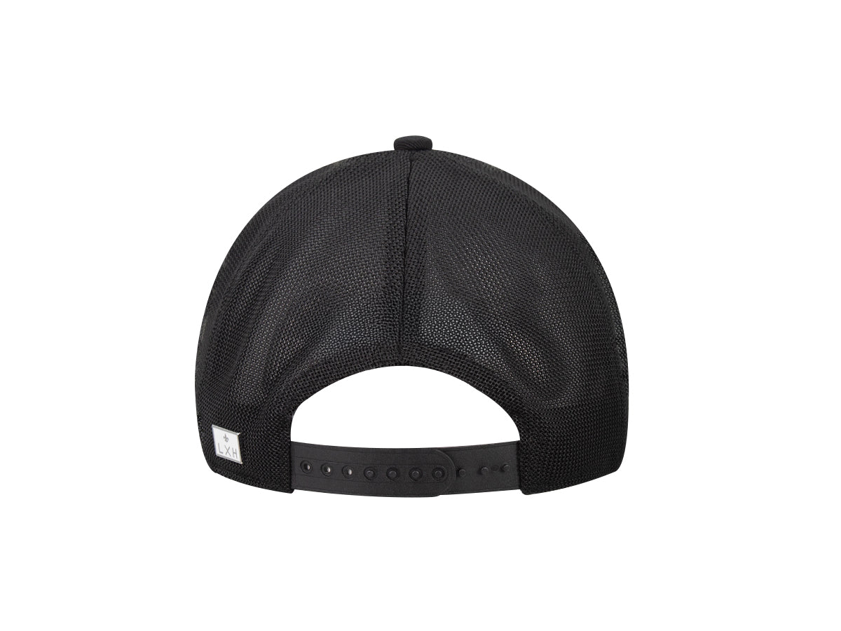 Vue arrière de la casquette bi-color noir pain d'épice avec réglage au dos
