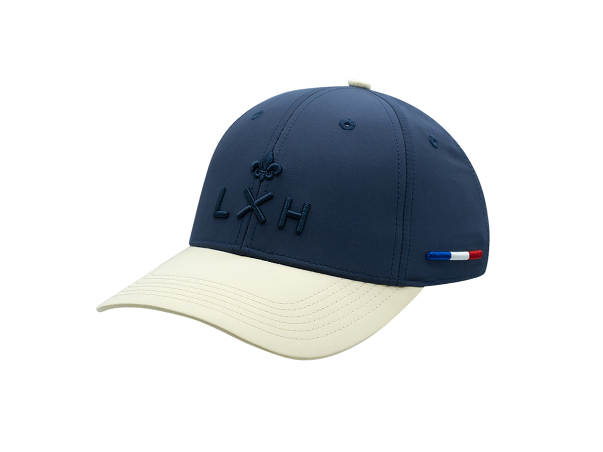 Casquette bi-colore nylon LXH, bleu marine et beige, avec logo brodé et détails tricolores