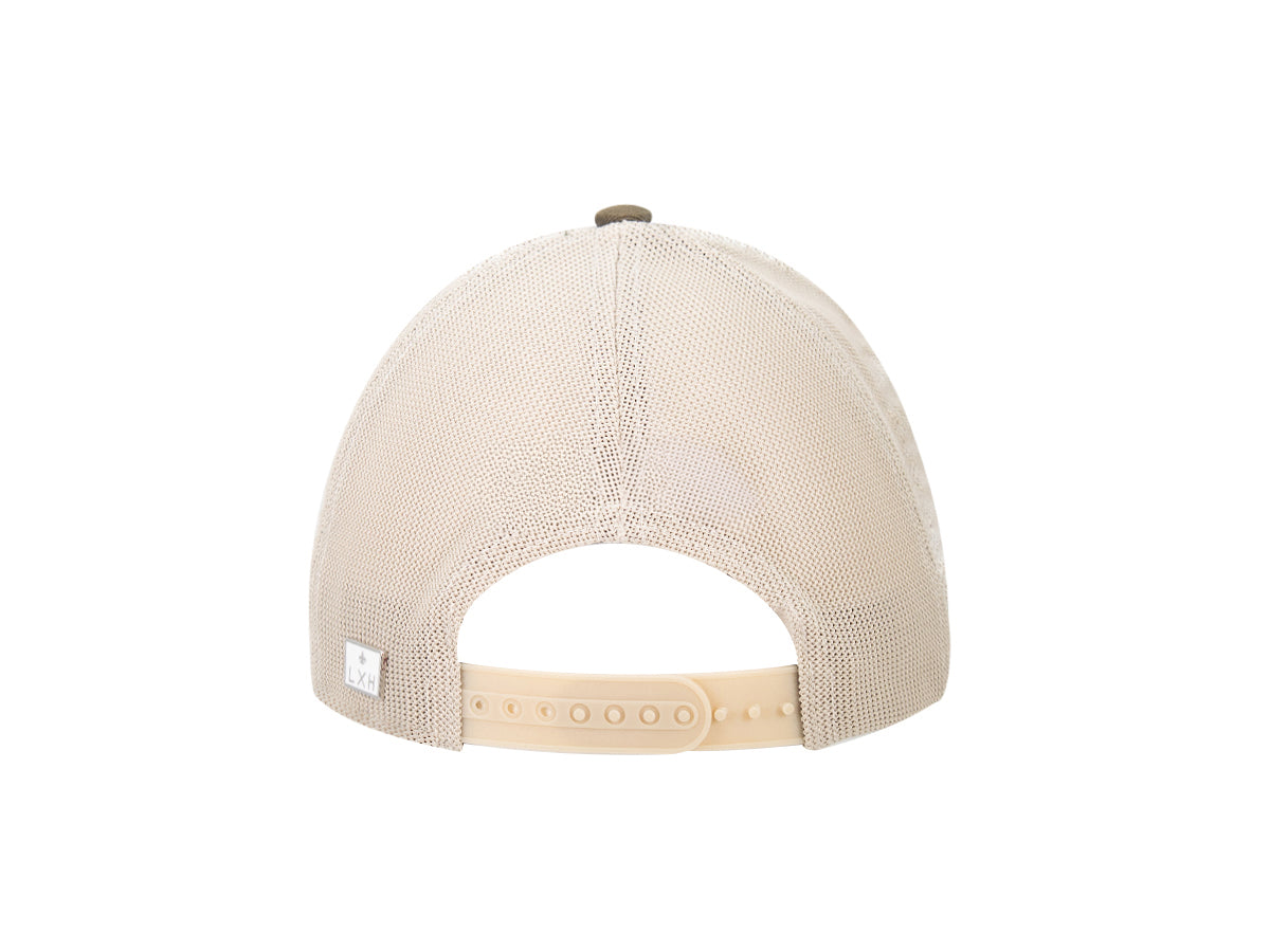 Vue arrière de la casquette coton bi-color kaki mastic avec sangle ajustable