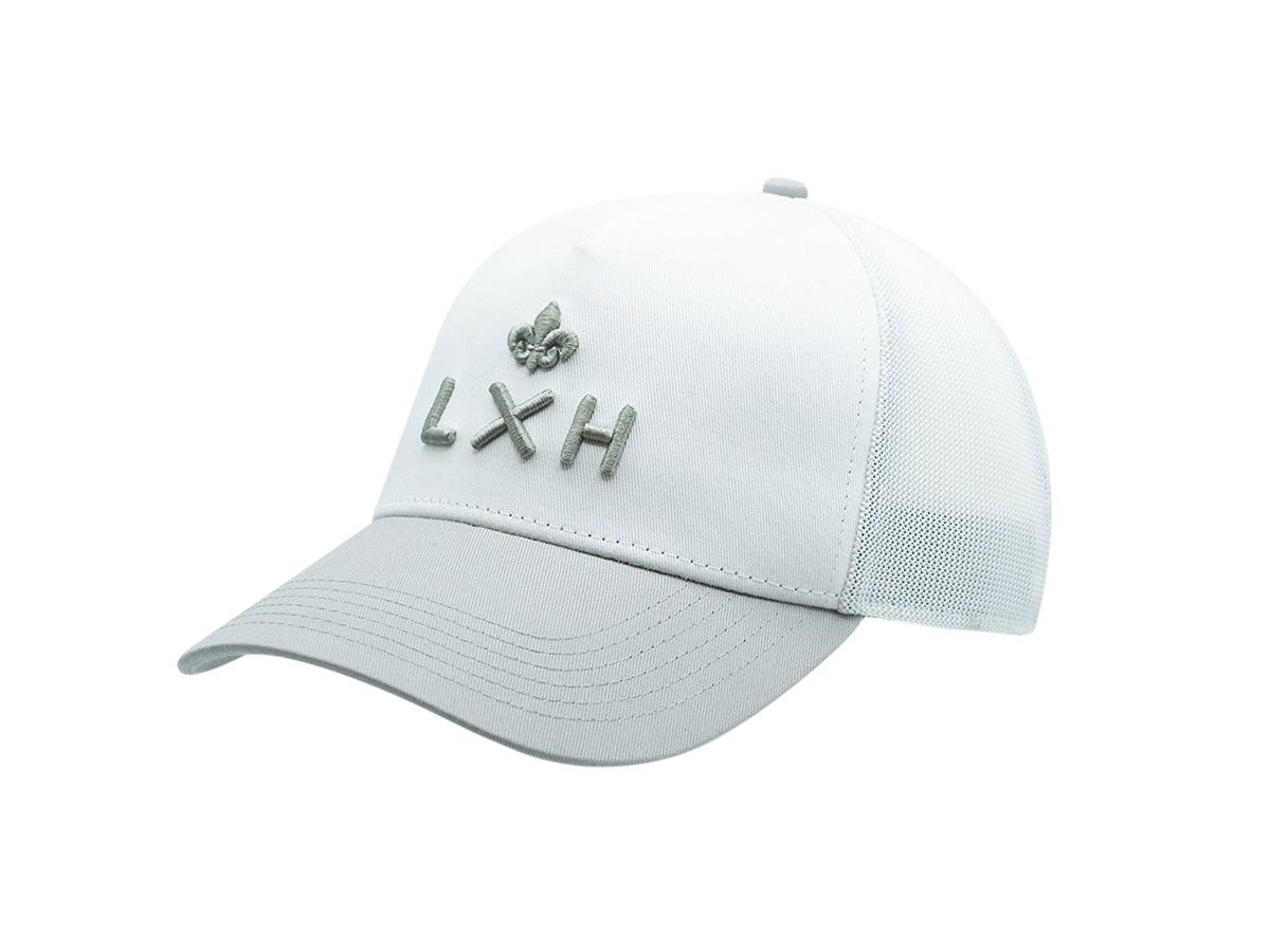 Casquette coton bicolore blanc gris LXH avec logo brodé pour un style décontracté