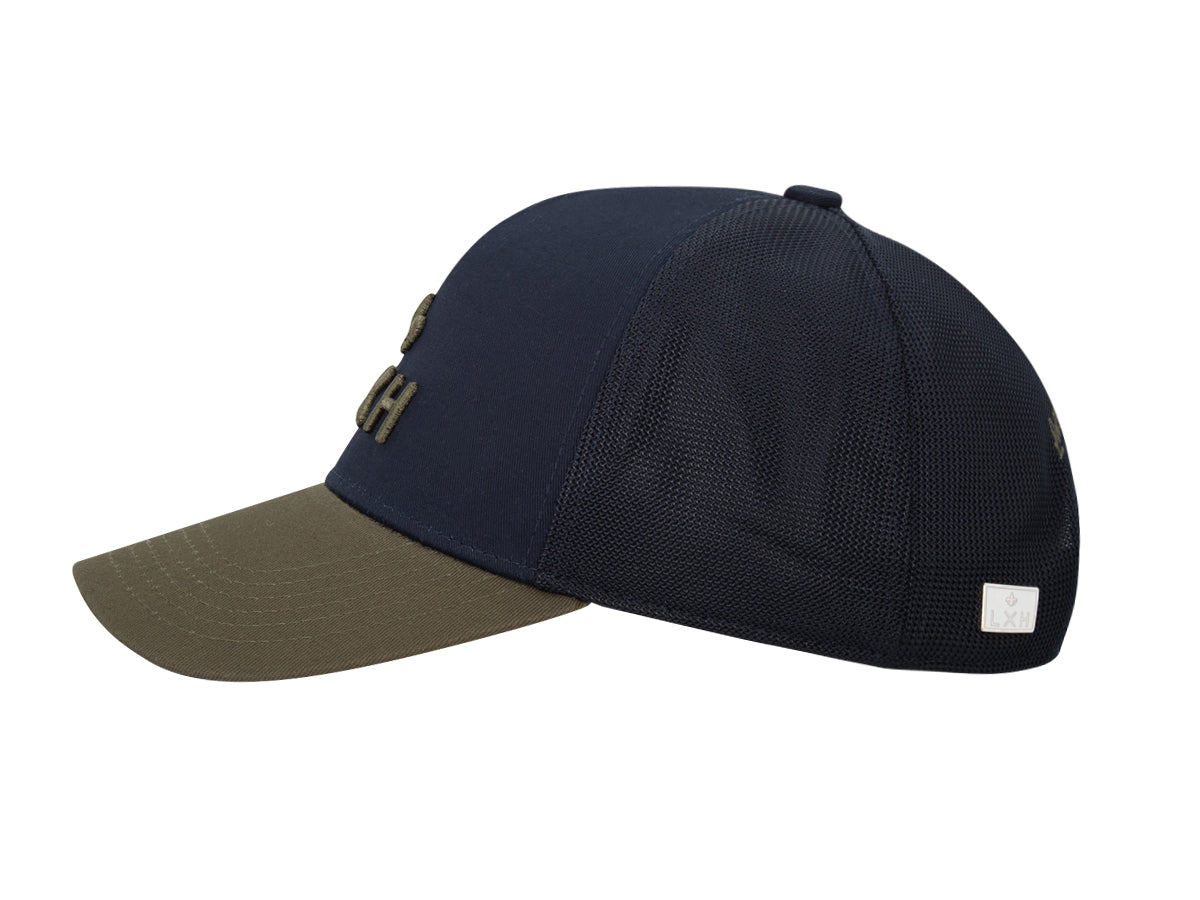 Casquette coton bleu marine kaki de la marque LXH avec visière olive et maillage pour ventilation