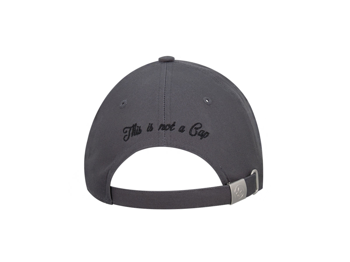 Vue arrière d'une casquette coton gris premium avec la broderie 'This is not a Cap'