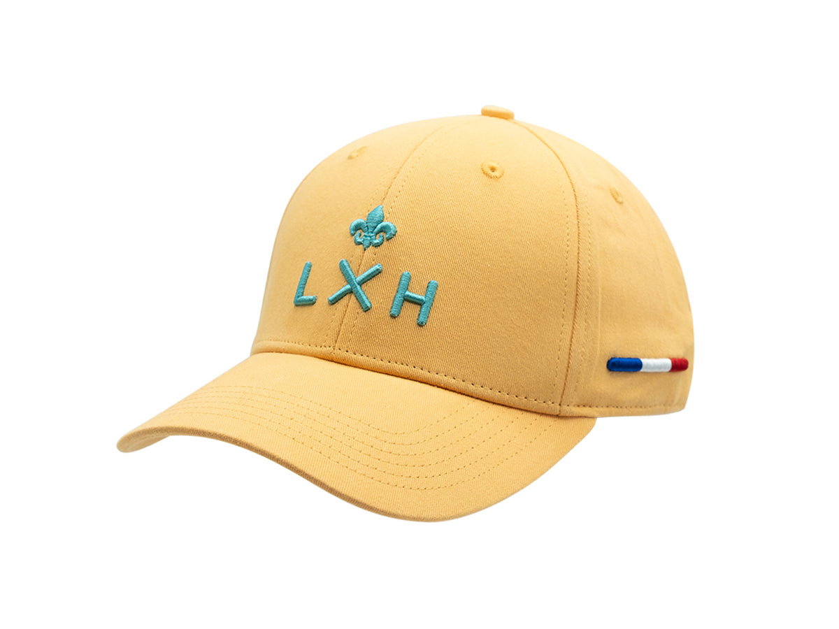 Casquette coton jaune premium de la marque LXH avec broderie et détails tricolores