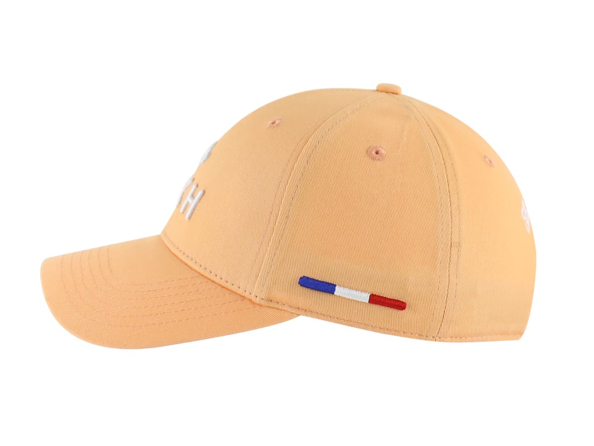 Casquette Coton Pêche LXH en couleur pêche avec broderie et détails tricolores sur le côté