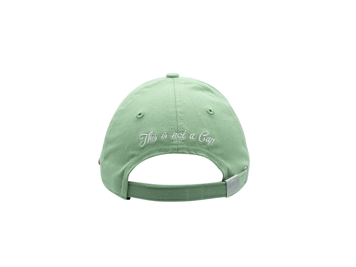 Vue arrière de la casquette coton vert clair LXH avec broderie 'This is not a Cap'