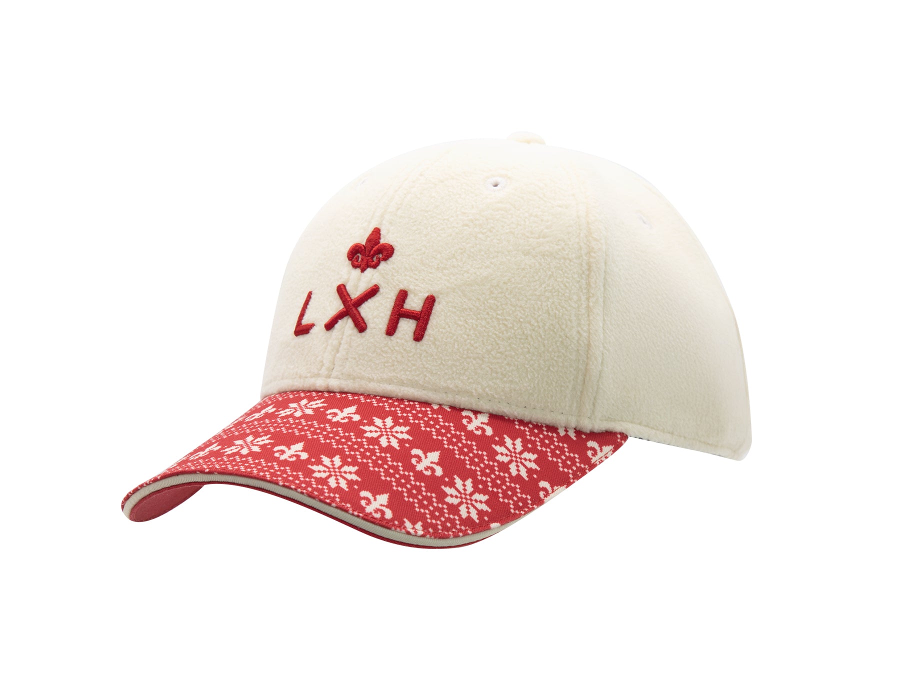 Casquette de Noël LXH en velours crème avec visière à motif festif rouge