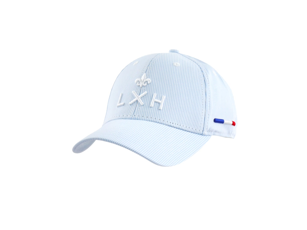 Casquette Enfant LXH bleue claire à rayures avec logo LXH et détail drapeau français