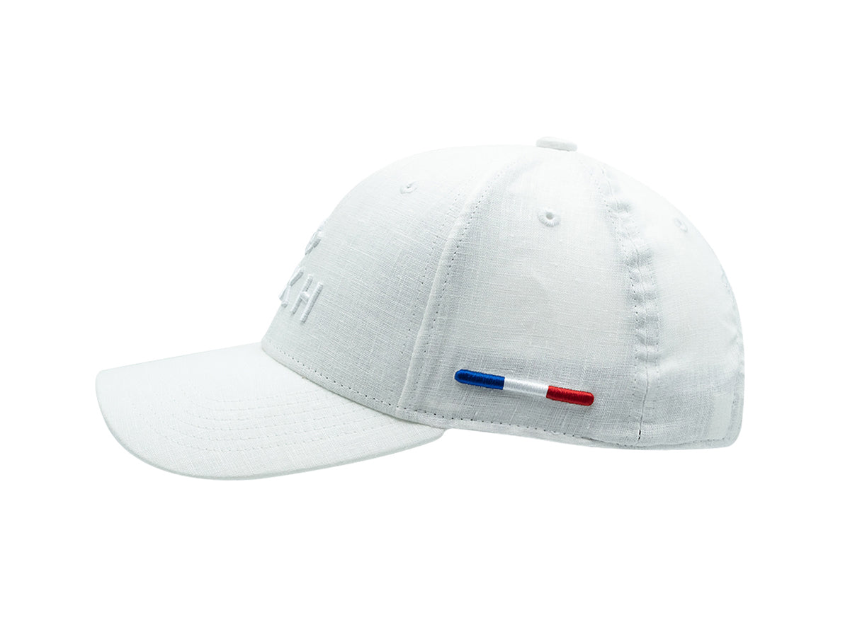 Casquette lin blanc ton sur ton de la marque LXH avec détails tricolores sur le côté
