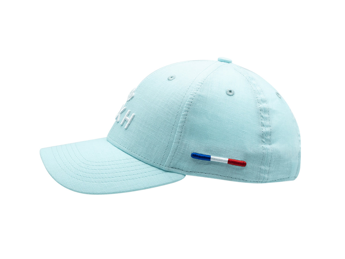 Casquette lin cyan LXH avec broderie et détails tricolores sur le côté