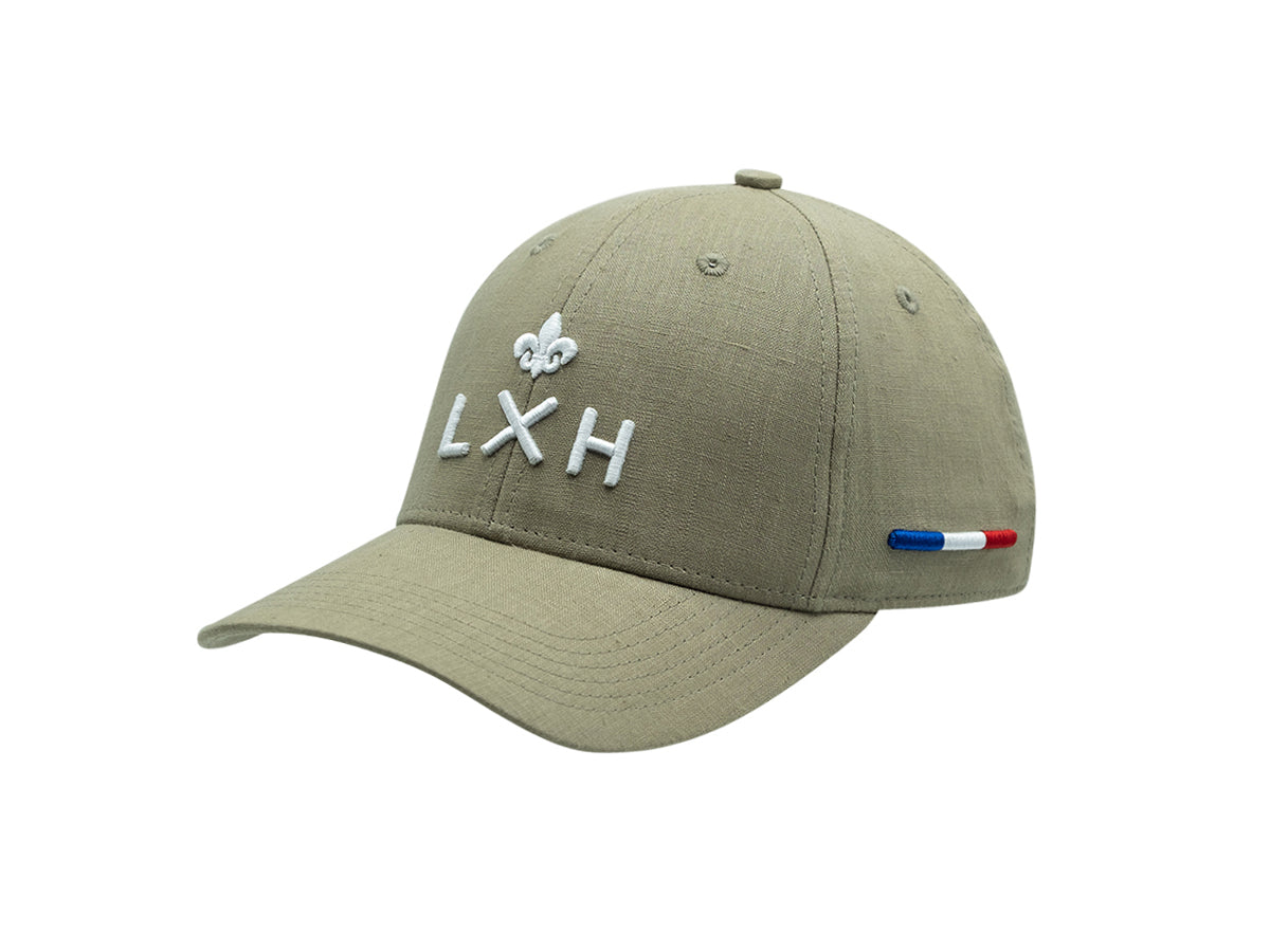 Casquette lin vert olive LXH avec broderie et détails tricolores Français