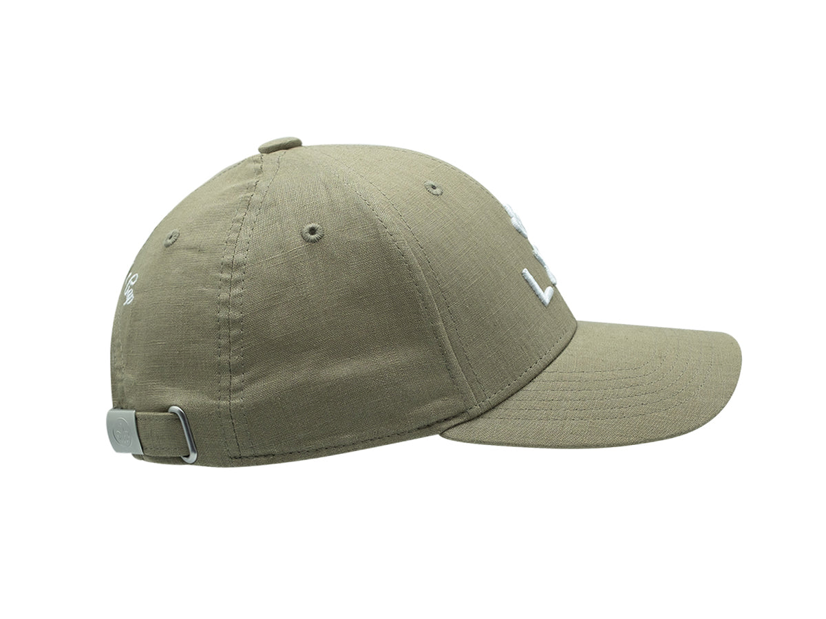 Casquette lin vert olive LXH avec une visière incurvée et logo brodé pour un look décontracté