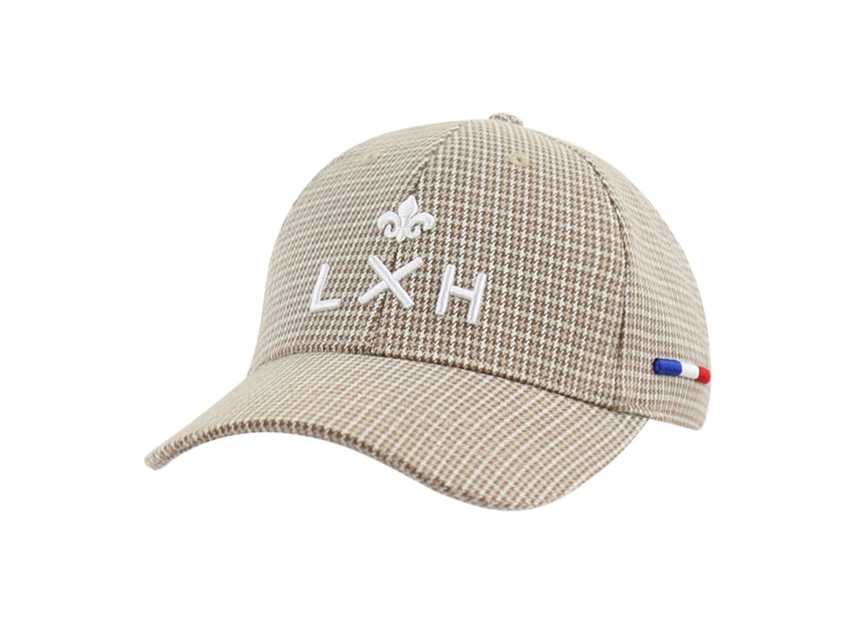 Casquette pied-de-poule camel de la marque LXH avec logo brodé et détails tricolores