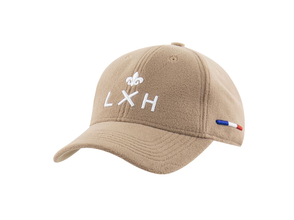 Casquette polaire homme LXH en beige avec logo brodé et détails tricolores
