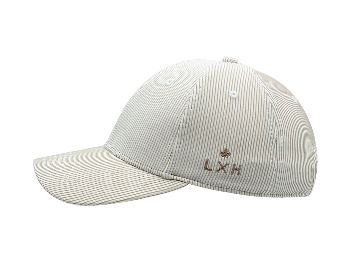 Casquette rayée beige premium LXH avec une visière incurvée et un design élégant