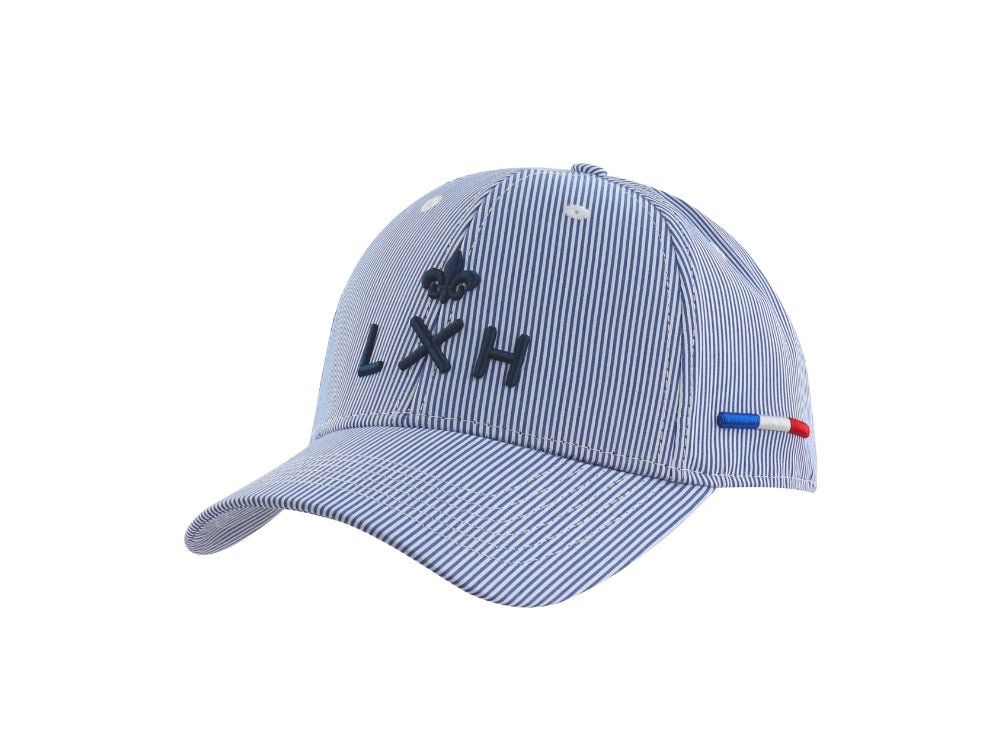 Casquette Rayures Blanc / Bleu Marine de la marque LXH avec logo brodé pour un style élégant
