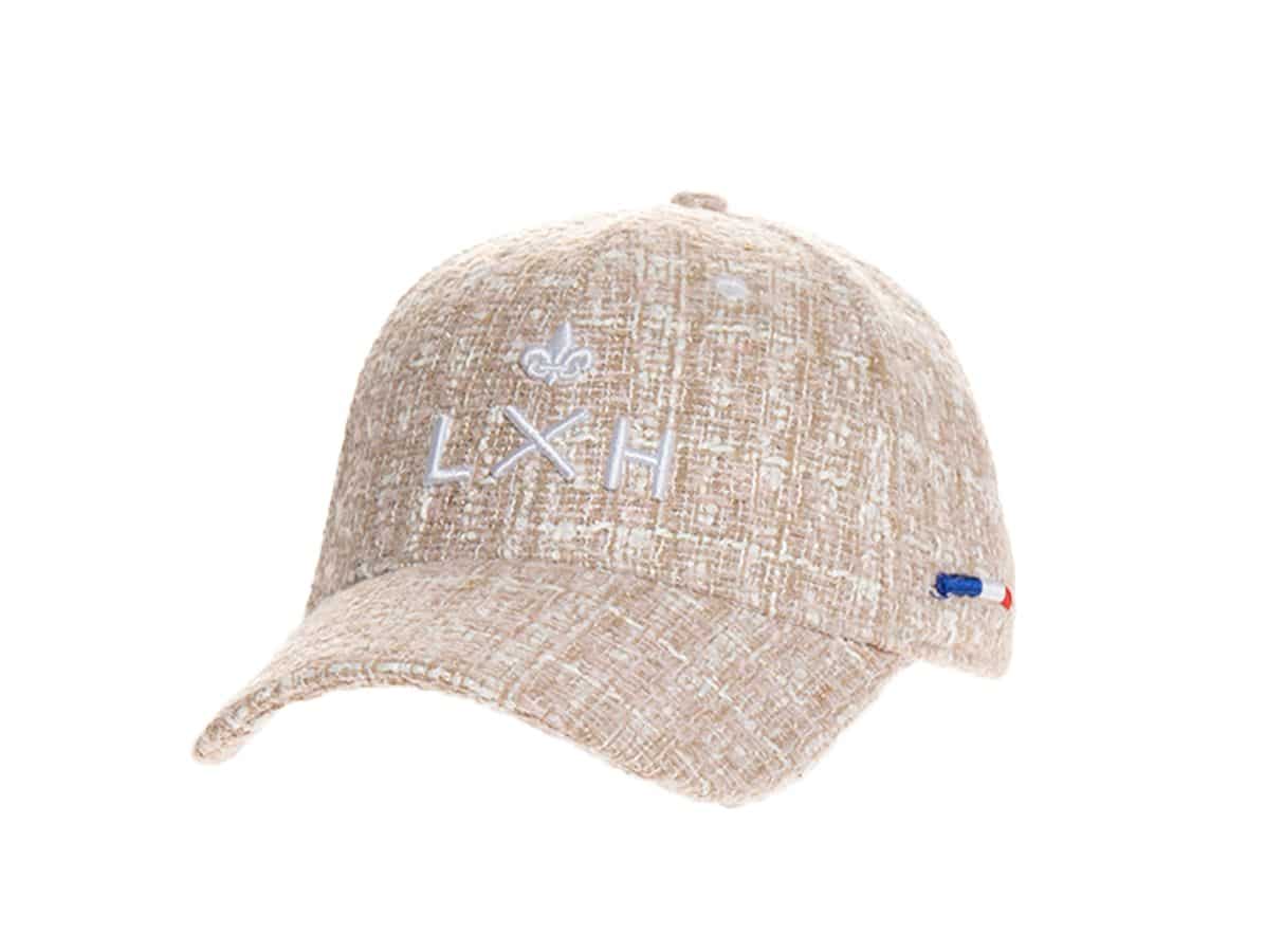 Casquette LXH Tweed Beige avec broderie blanche et texture en tissu style tweed