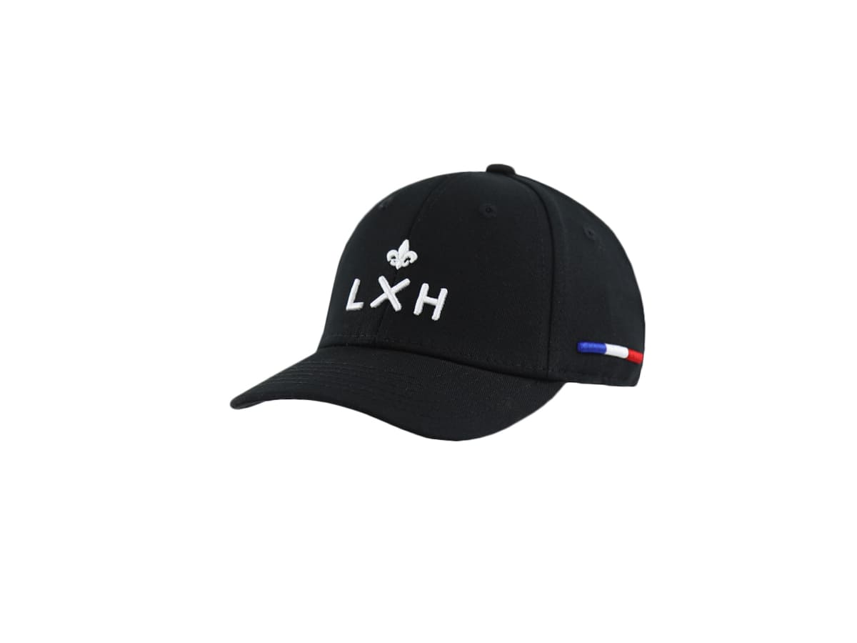 Casquette Bébé noire LXH avec logo brodé blanc et détail drapeau français sur le côté