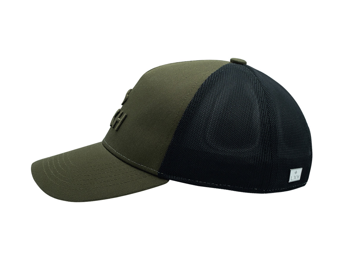 Casquette Ton sur Ton LXH avec devant kaki et dos en maille noire pour un style décontracté