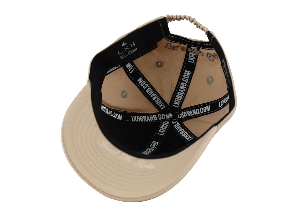 Casquette LXH en coton beige vue de l'intérieur avec bande imprimée LXHBRAND