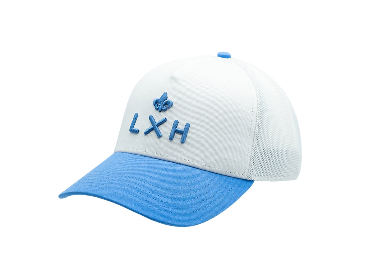 Casquette LXH en coton bicolor avec une visière bleue et un logo brodé sur le devant