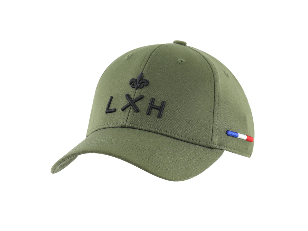 Casquette LXH en coton kaki avec logo brodé noir et détail tricolore sur le côté