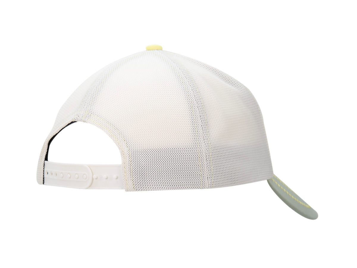 Arrière de la casquette Évasion citron, mesh blanc et fermeture snapback réglable.