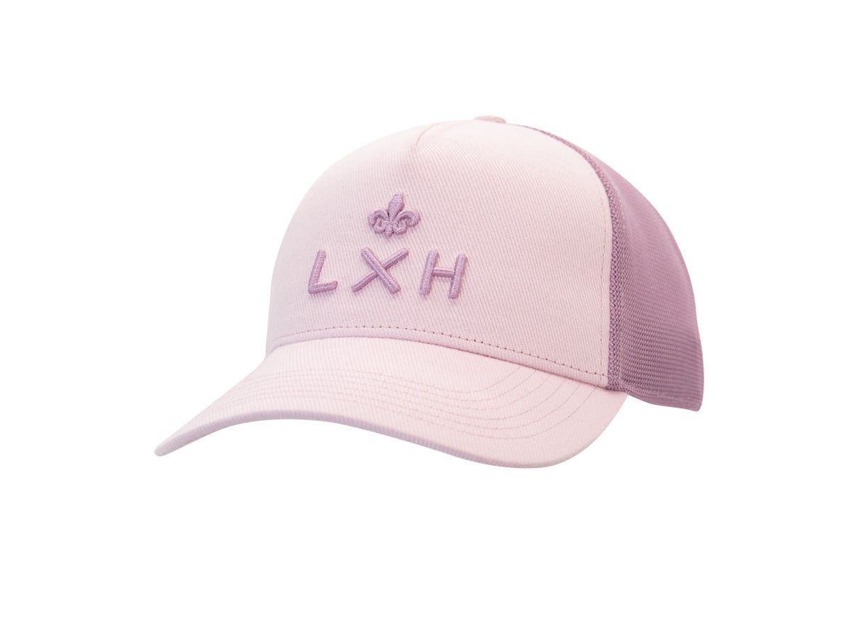 Casquette Évasion LXH rose quartz, façade rose clair et mesh assorti, monogramme brodé.