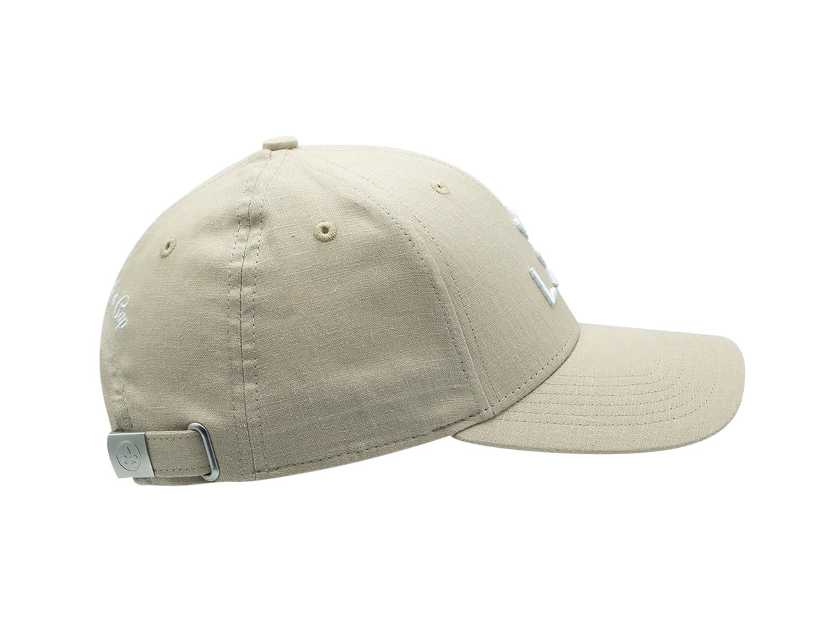 Casquette LXH en lin beige avec visière courbée et ajustement arrière en métal