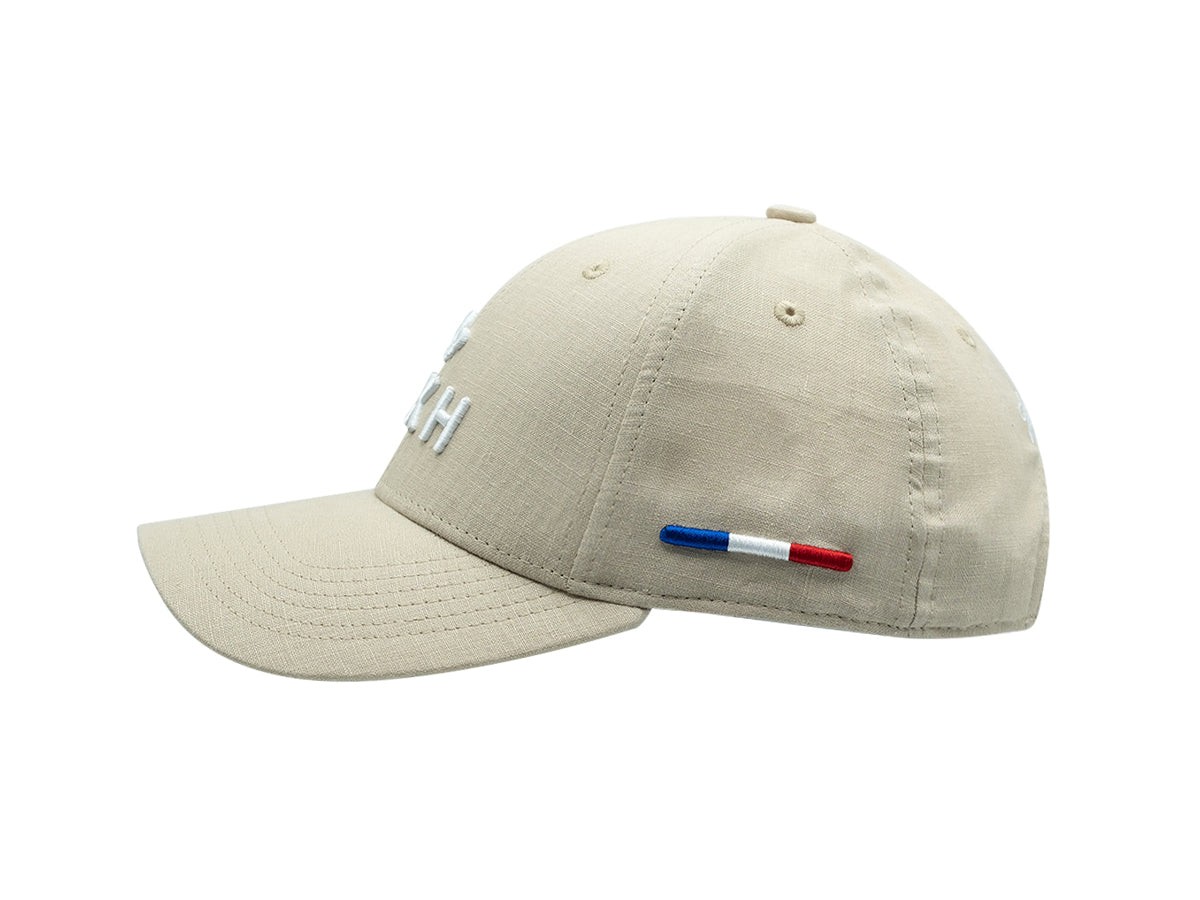 Casquette LXH en lin beige avec broderie et détail tricolore sur le côté