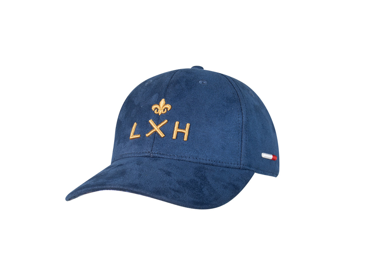 Casquette LXH x Monaco Grand Prix Collector en velours bleu marine, broderie dorée.