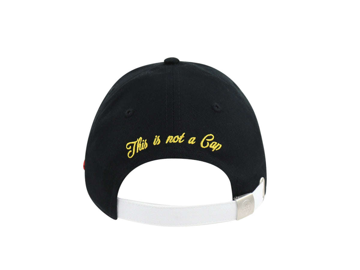 Casquette LXH Racing Noir vue de dos avec fermeture ajustable blanche et broderie jaune