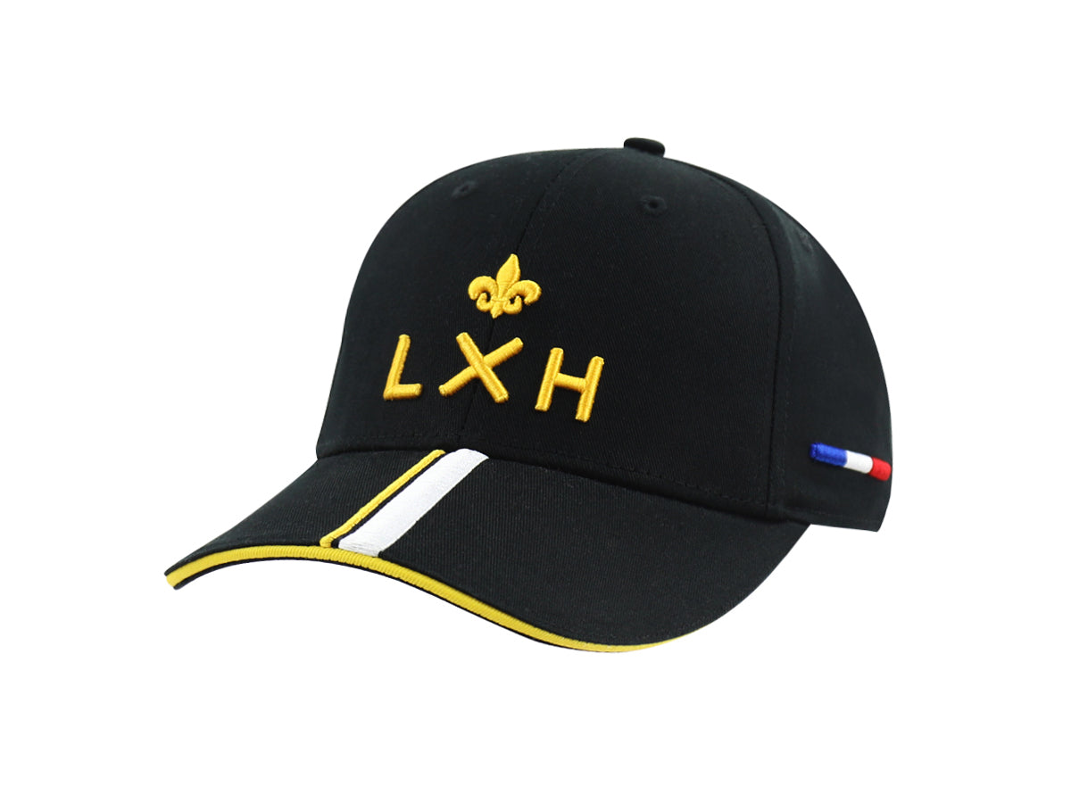 Casquette Racing Noir LXH noire avec broderie jaune et motif drapeau français sur le côté