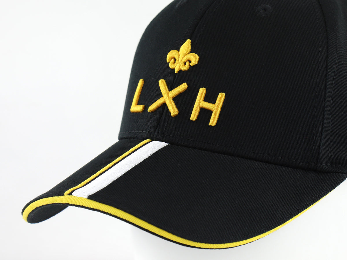 Casquette Racing Noir LXH noire avec broderie jaune et bande blanche sur la visière
