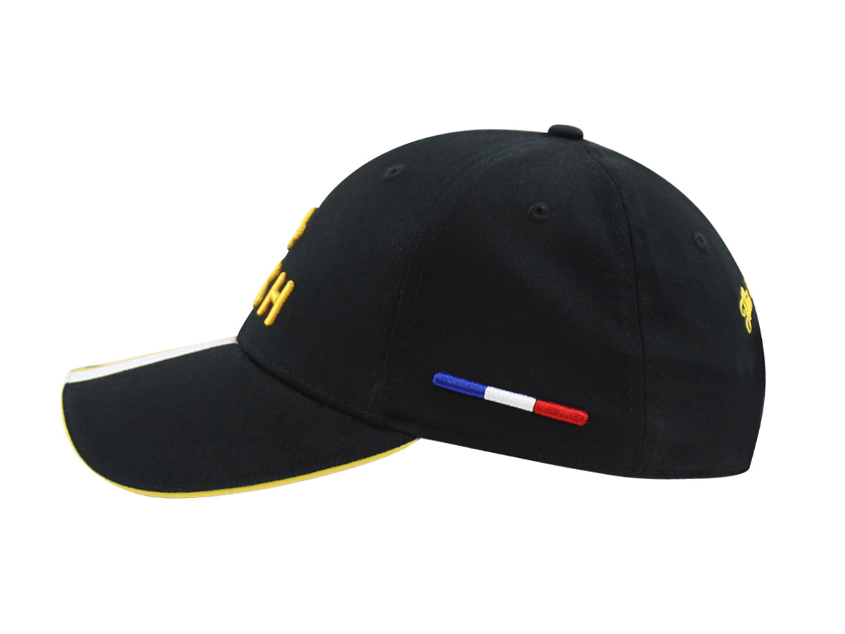 Casquette Racing Noir LXH noire avec détails tricolores et broderie jaune sur le côté